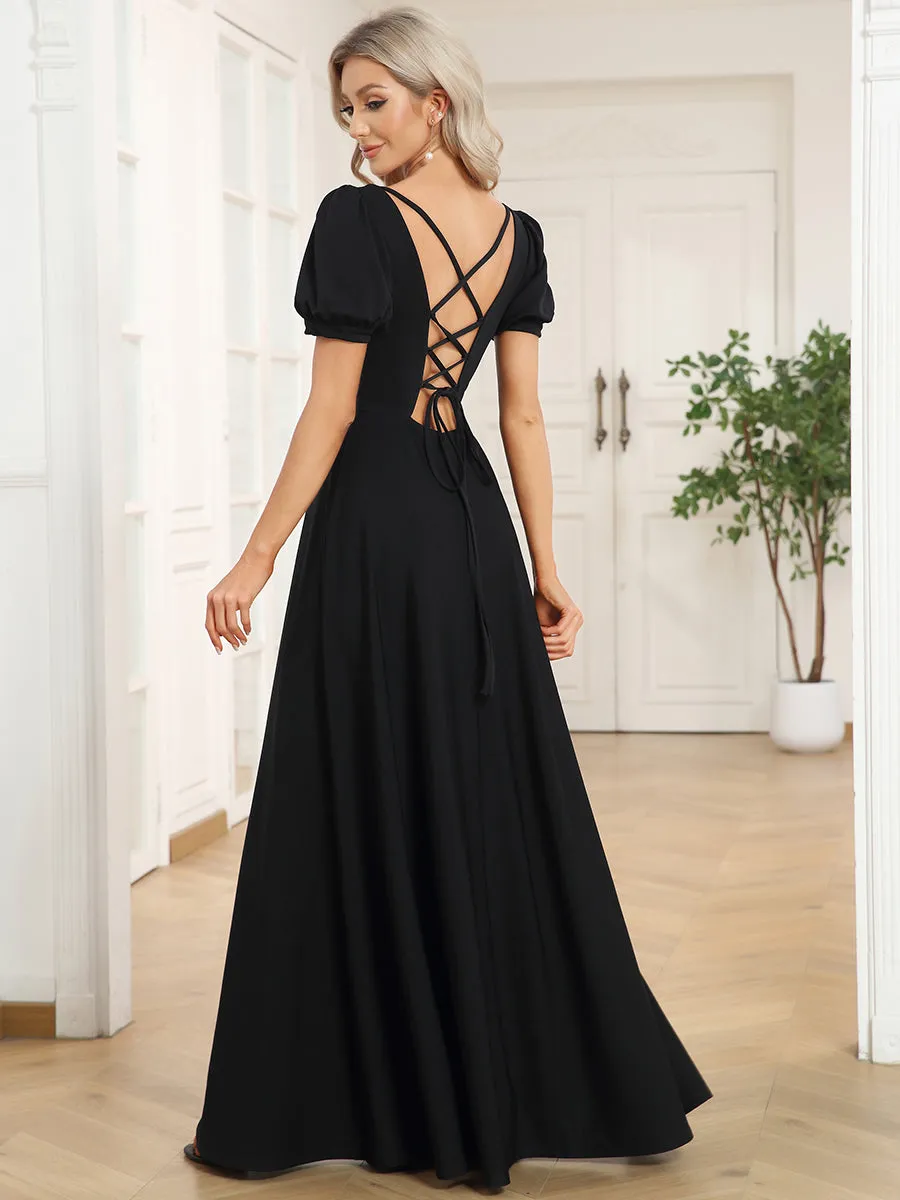 Square Neckline Puff Sleeves A Line Backless Wholesale Evening Dresses