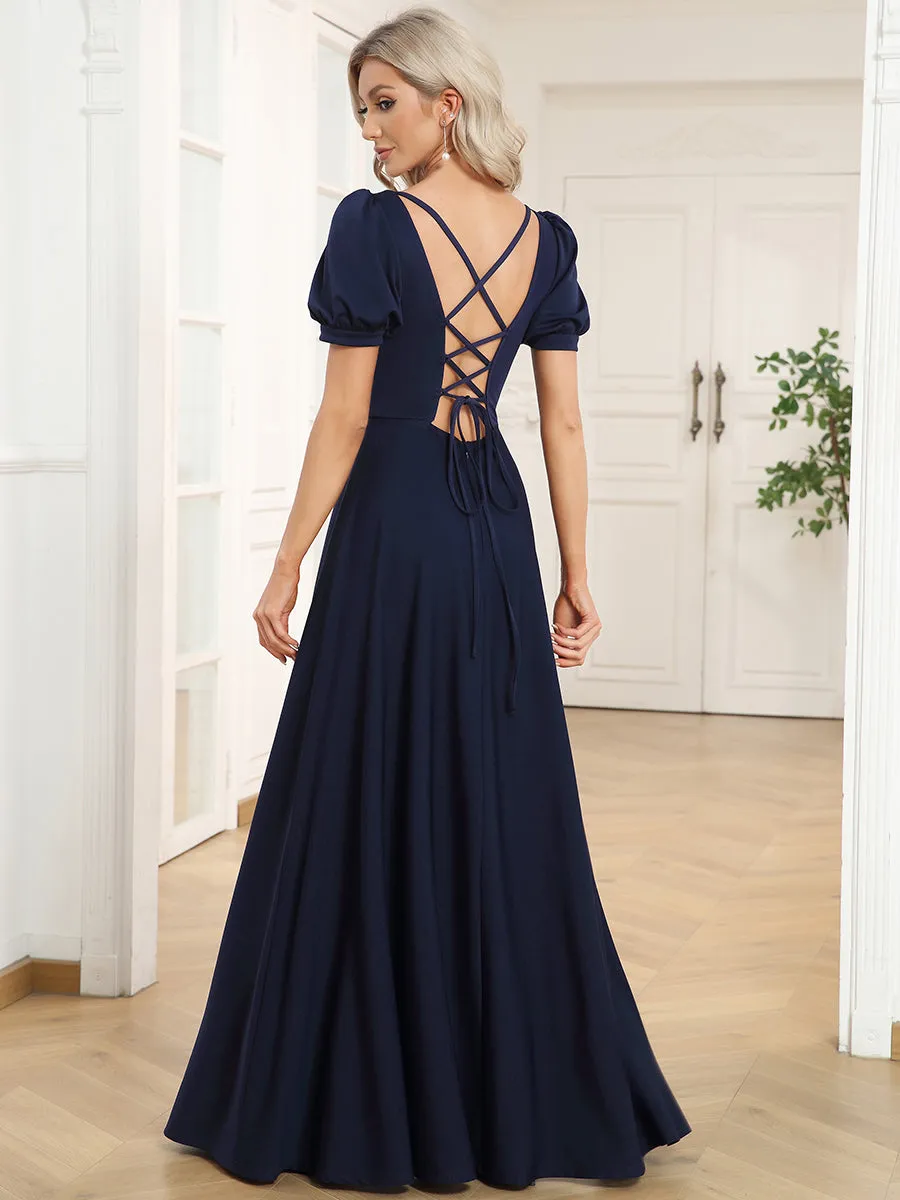 Square Neckline Puff Sleeves A Line Backless Wholesale Evening Dresses