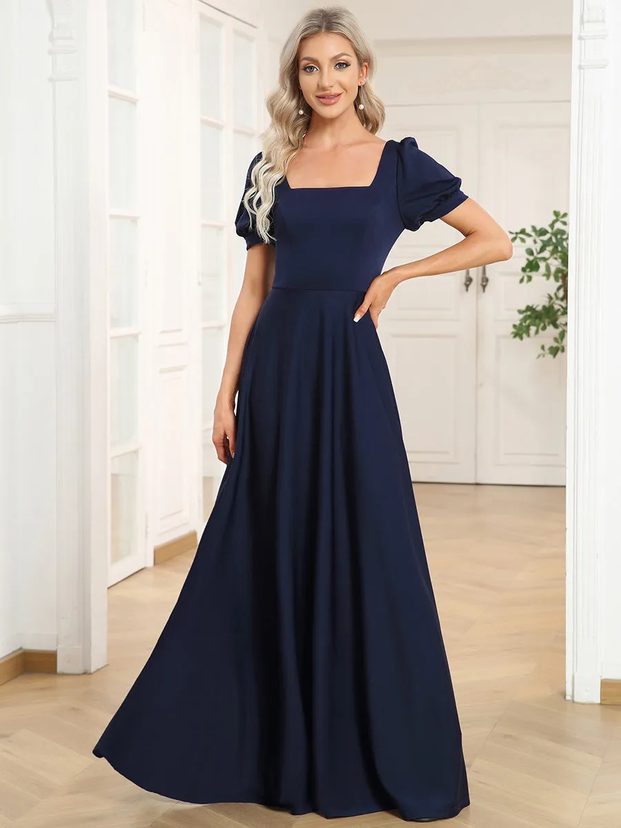 Square Neckline Puff Sleeves A Line Backless Wholesale Evening Dresses