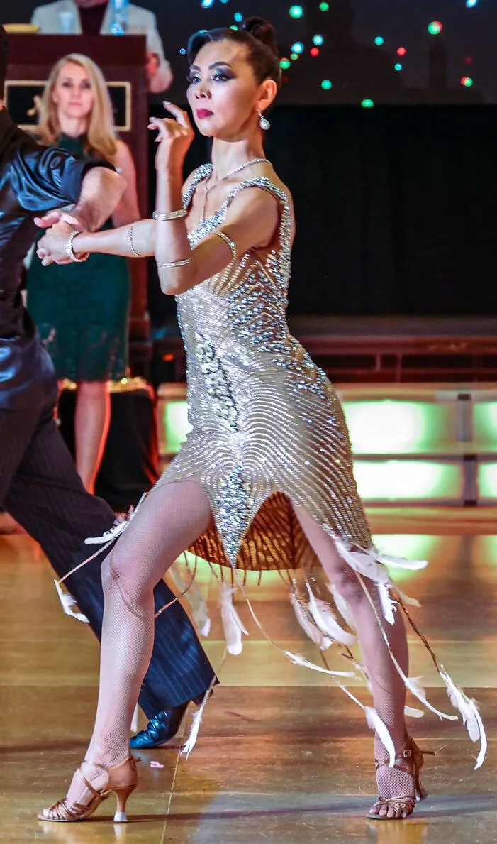 Tan Latin Dress with Silver Crystals