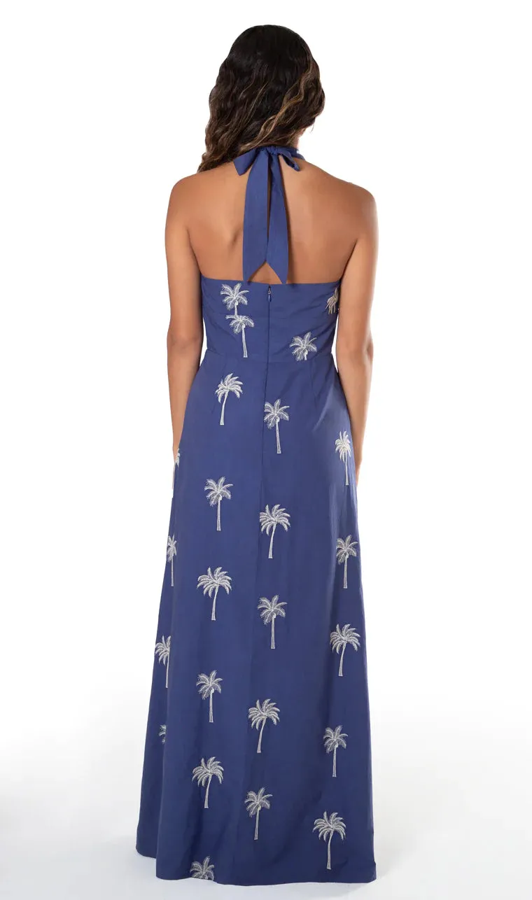 Tori Richard Navy Palm Tree Tropical Halter Maxi River Dress