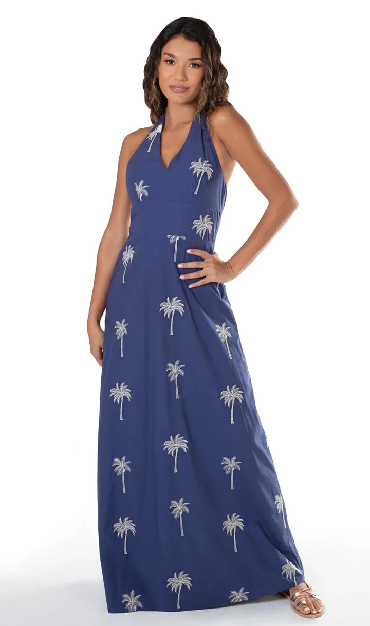 Tori Richard Navy Palm Tree Tropical Halter Maxi River Dress