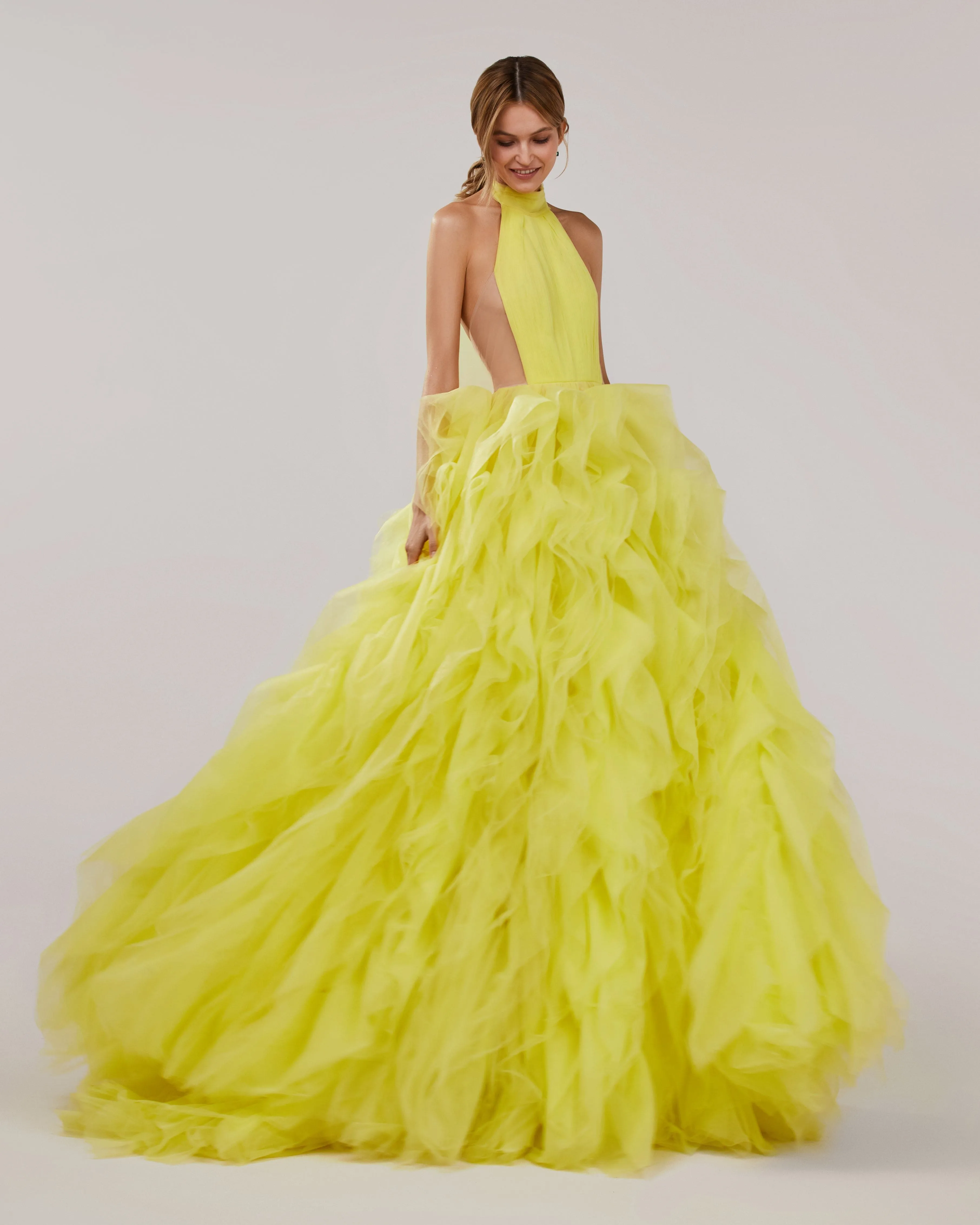 Turtleneck festive yellow evening gown