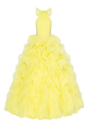 Turtleneck festive yellow evening gown