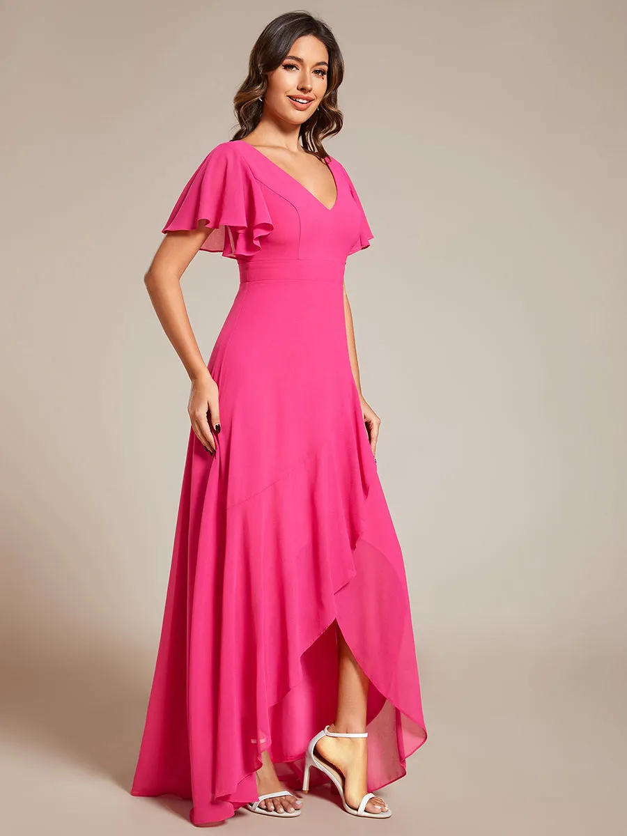 V Neck High Low Ruffles Chiffon Wholesale Bridesmaid Dresses