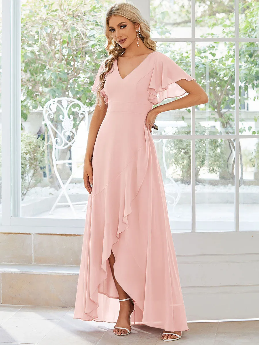 V Neck High Low Ruffles Chiffon Wholesale Bridesmaid Dresses