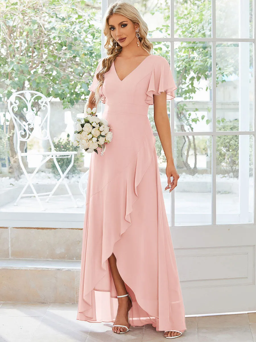 V Neck High Low Ruffles Chiffon Wholesale Bridesmaid Dresses