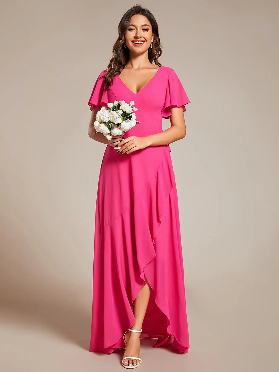 V Neck High Low Ruffles Chiffon Wholesale Bridesmaid Dresses