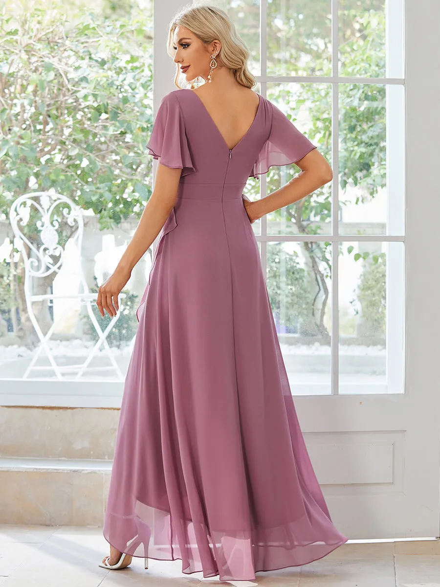 V Neck High Low Ruffles Chiffon Wholesale Bridesmaid Dresses