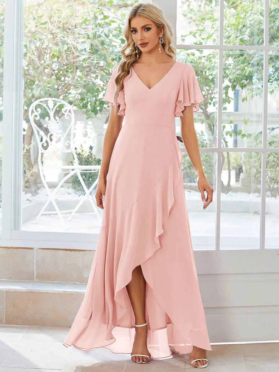 V Neck High Low Ruffles Chiffon Wholesale Bridesmaid Dresses