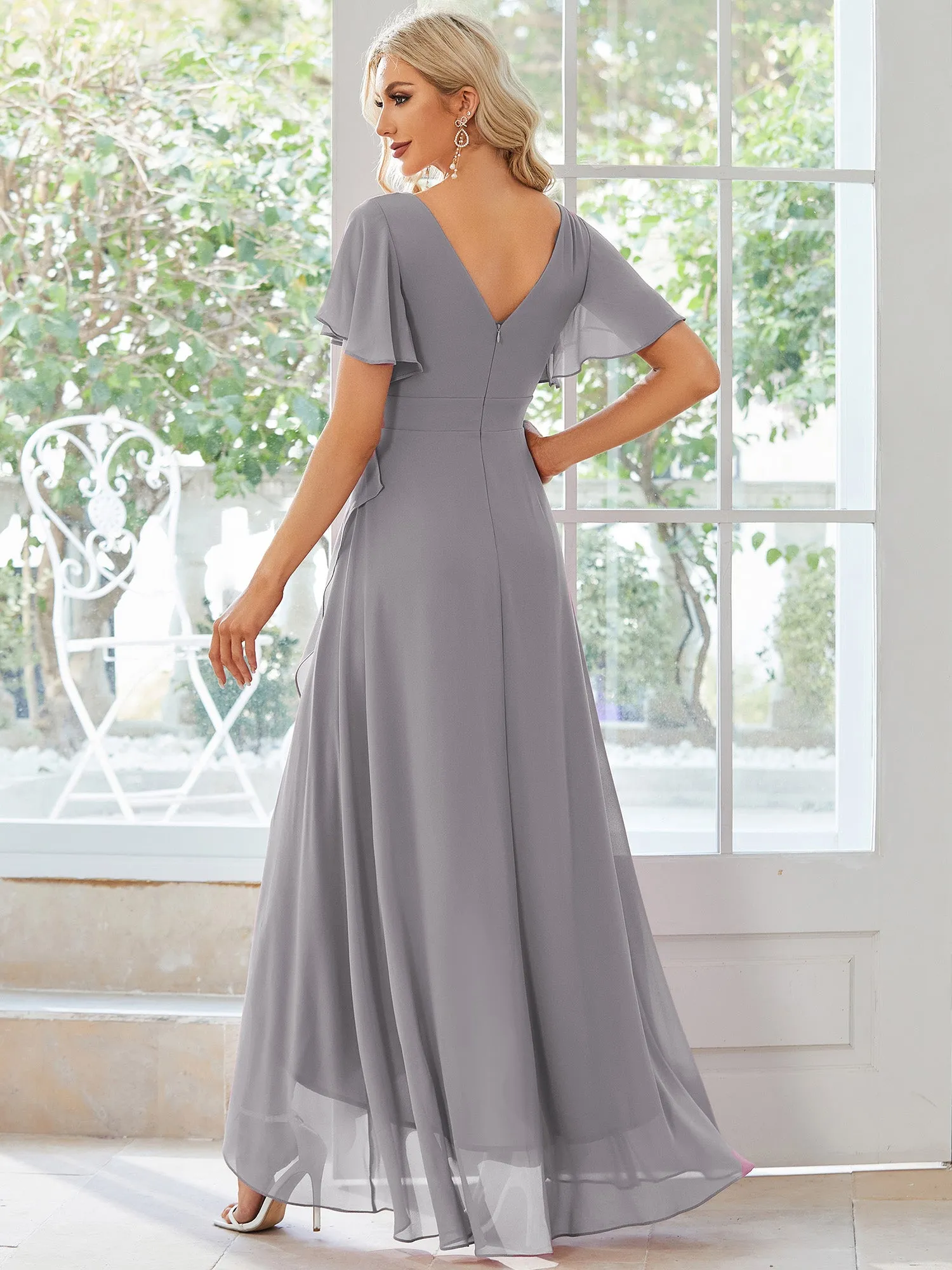 V Neck High Low Ruffles Chiffon Wholesale Bridesmaid Dresses