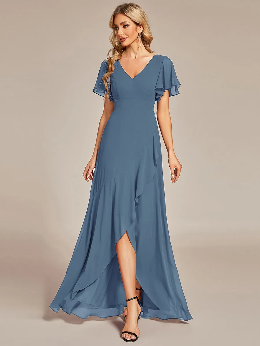 V Neck High Low Ruffles Chiffon Wholesale Bridesmaid Dresses