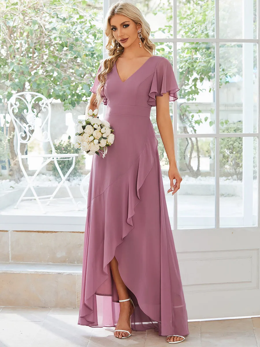 V Neck High Low Ruffles Chiffon Wholesale Bridesmaid Dresses