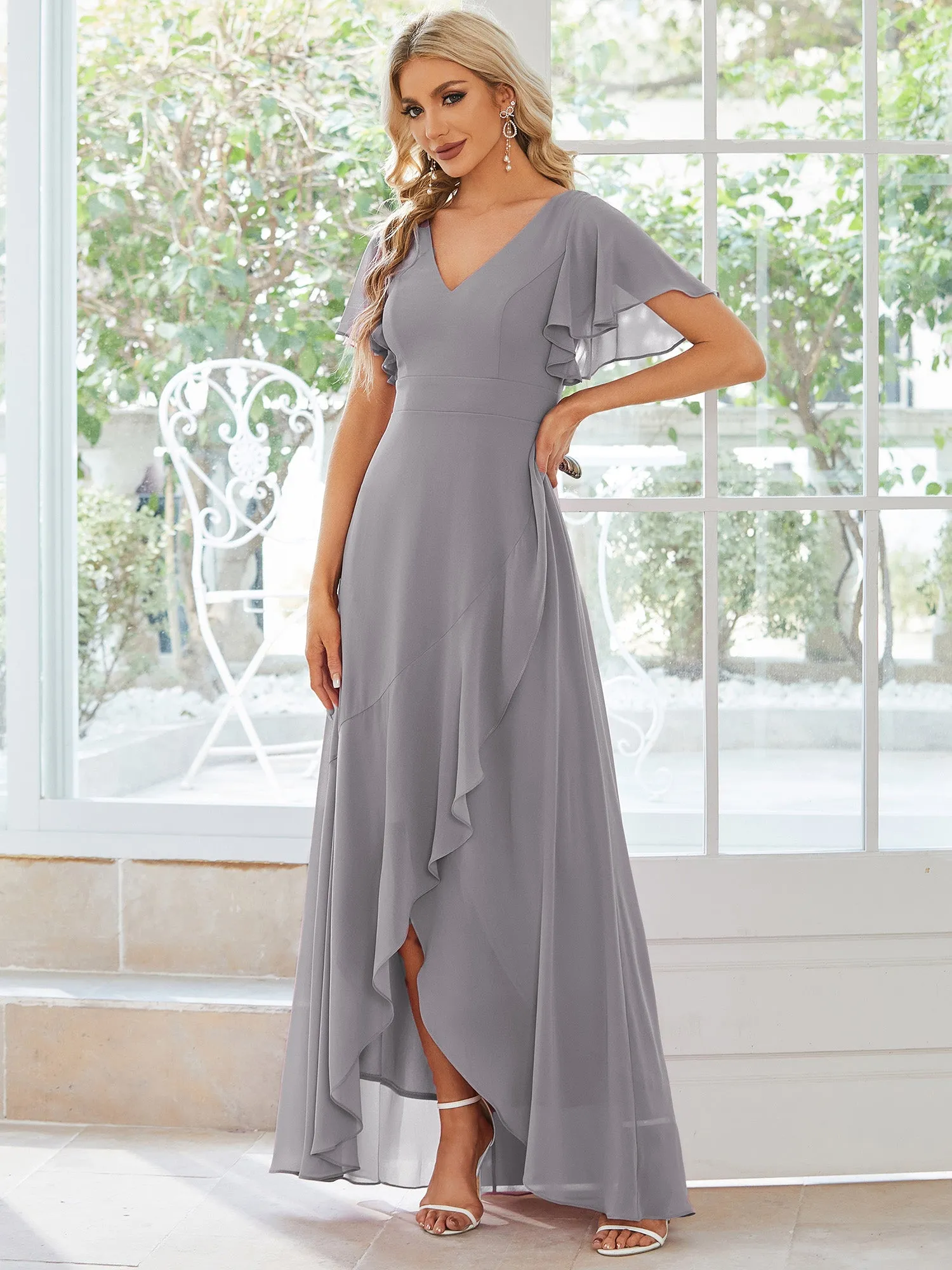 V Neck High Low Ruffles Chiffon Wholesale Bridesmaid Dresses