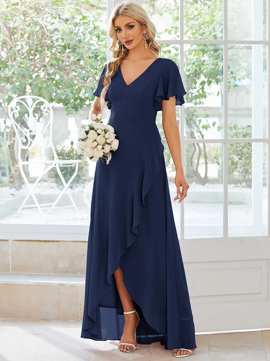 V Neck High Low Ruffles Chiffon Wholesale Bridesmaid Dresses