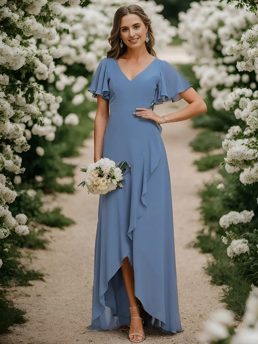 V Neck High Low Ruffles Chiffon Wholesale Bridesmaid Dresses