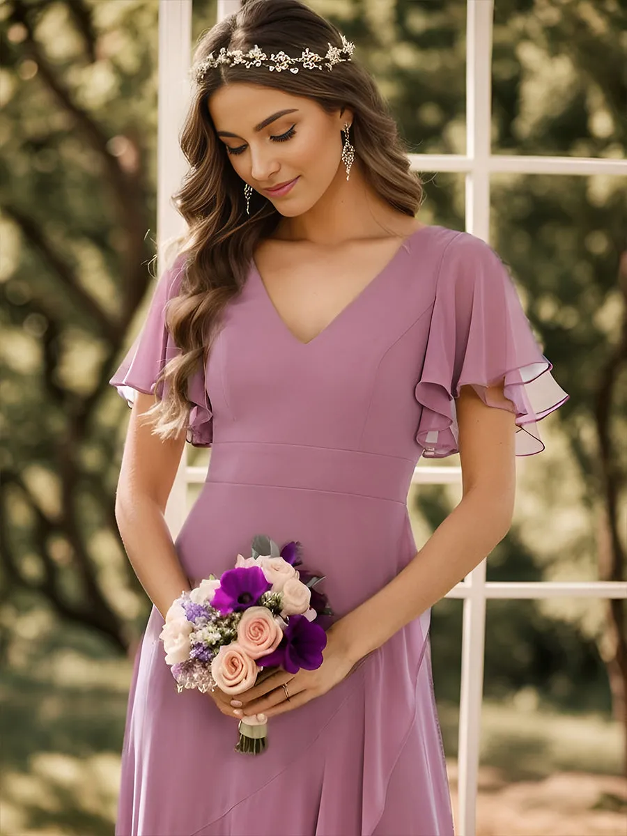 V Neck High Low Ruffles Chiffon Wholesale Bridesmaid Dresses