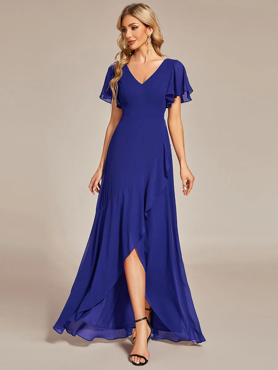 V Neck High Low Ruffles Chiffon Wholesale Bridesmaid Dresses