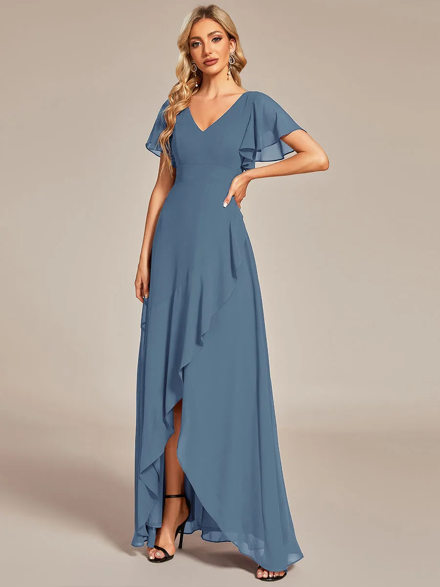 V Neck High Low Ruffles Chiffon Wholesale Bridesmaid Dresses