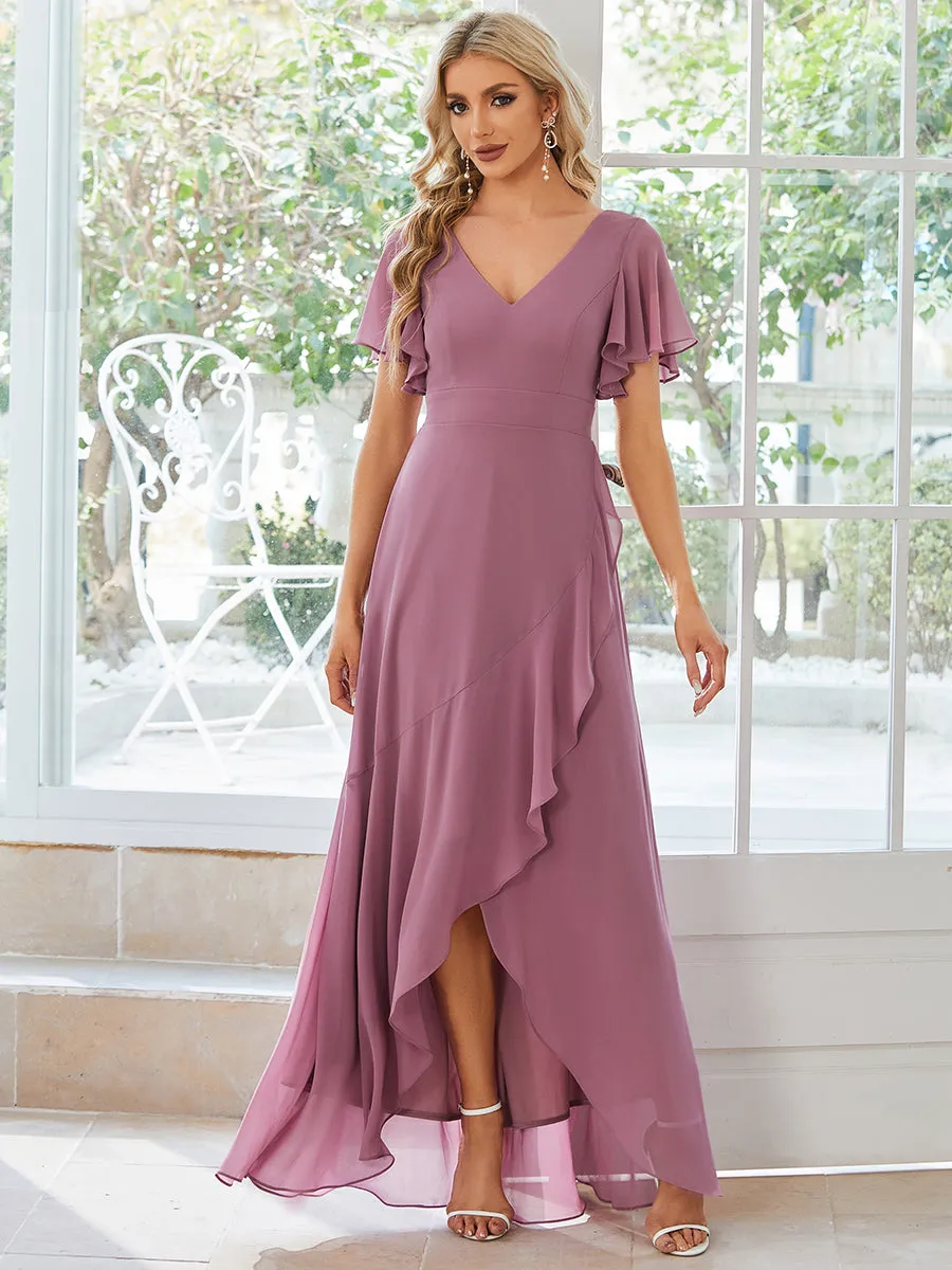 V Neck High Low Ruffles Chiffon Wholesale Bridesmaid Dresses