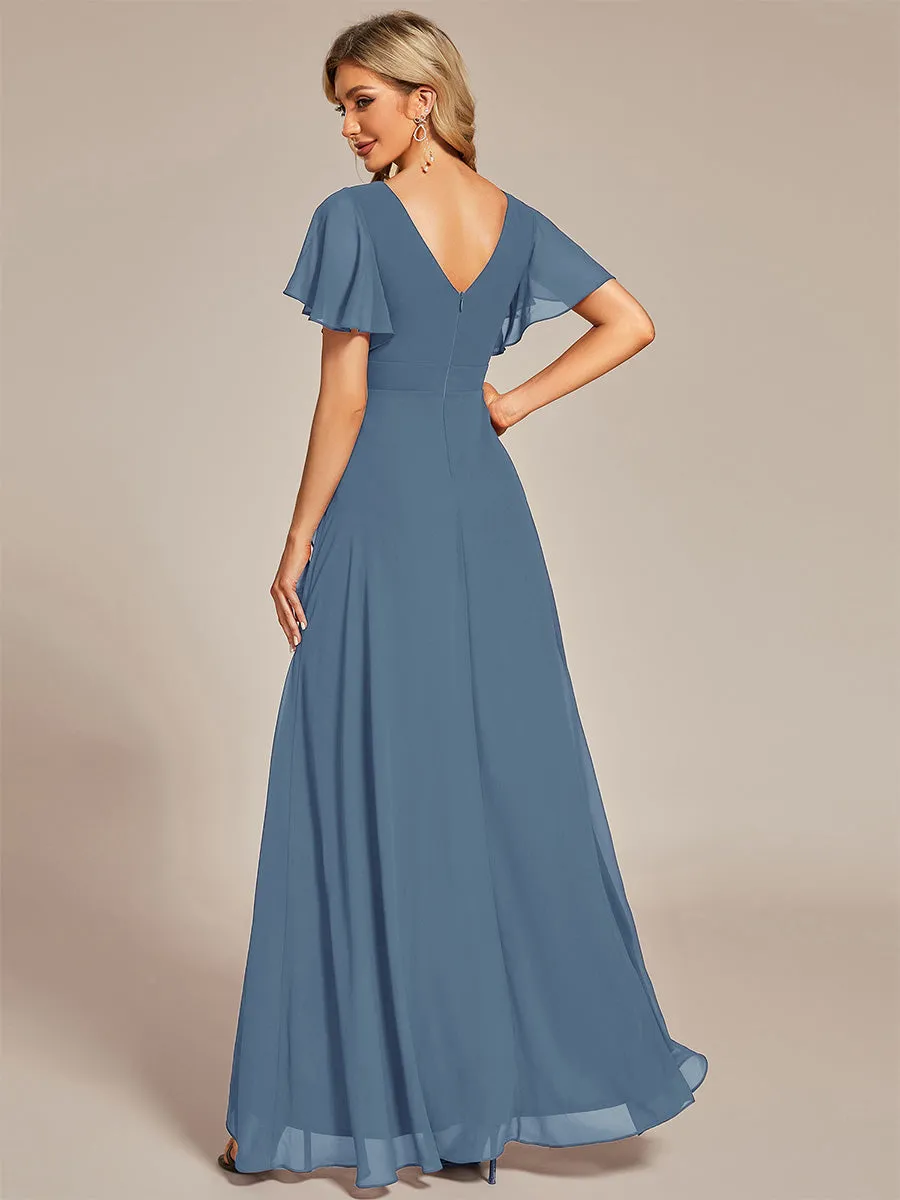 V Neck High Low Ruffles Chiffon Wholesale Bridesmaid Dresses