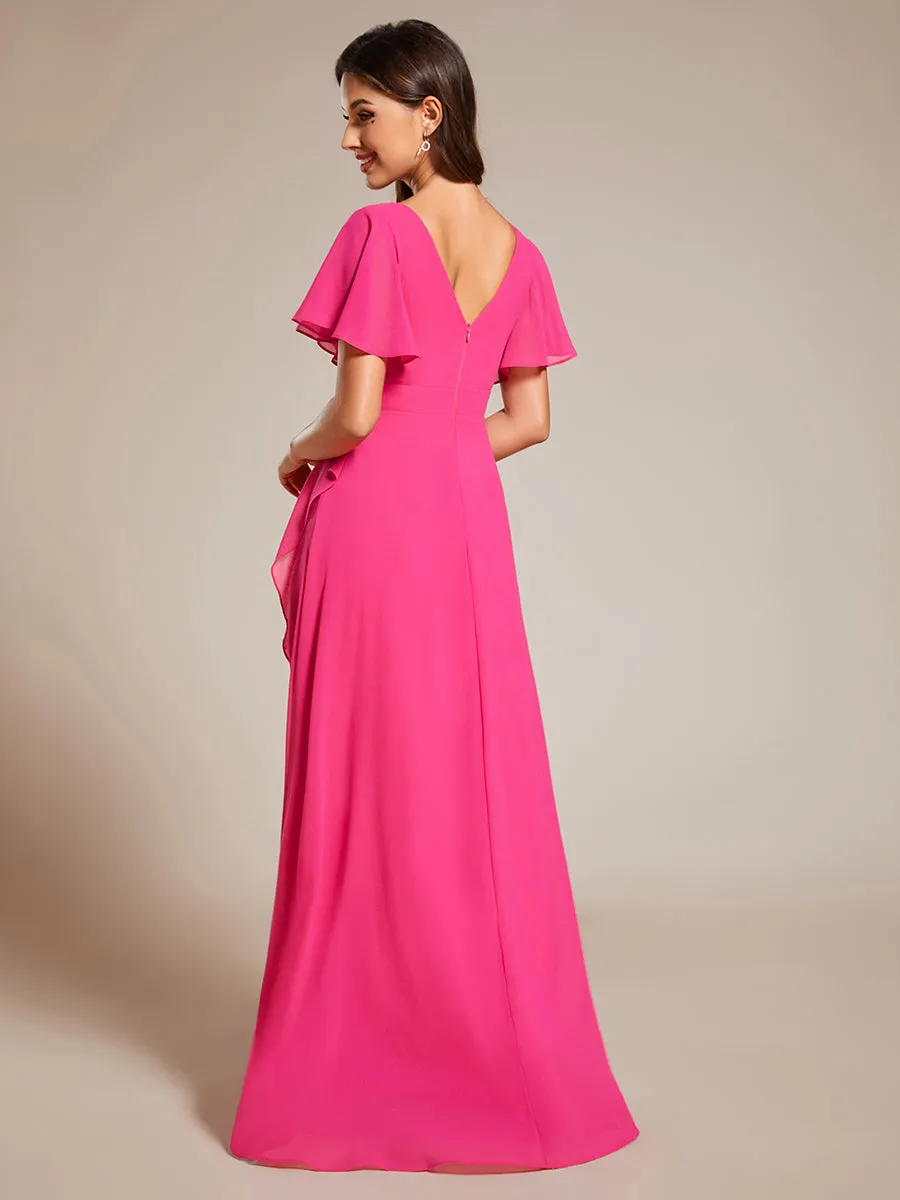 V Neck High Low Ruffles Chiffon Wholesale Bridesmaid Dresses