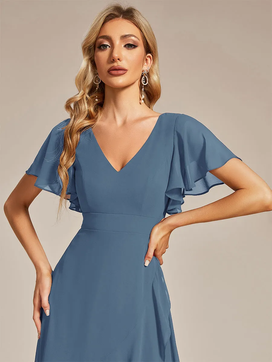 V Neck High Low Ruffles Chiffon Wholesale Bridesmaid Dresses