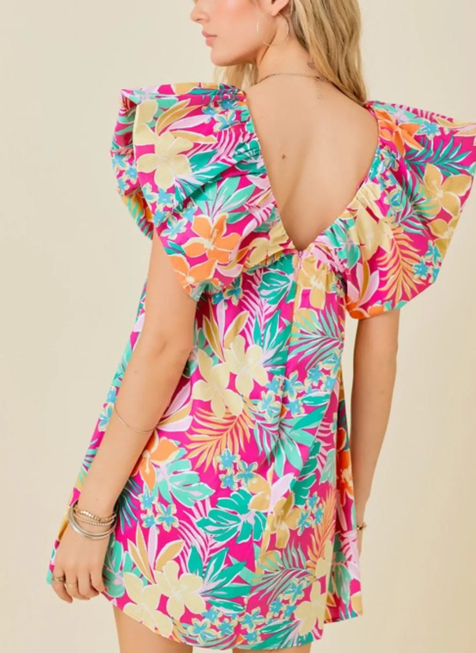 Vacation Tropical print v- neck mini dress