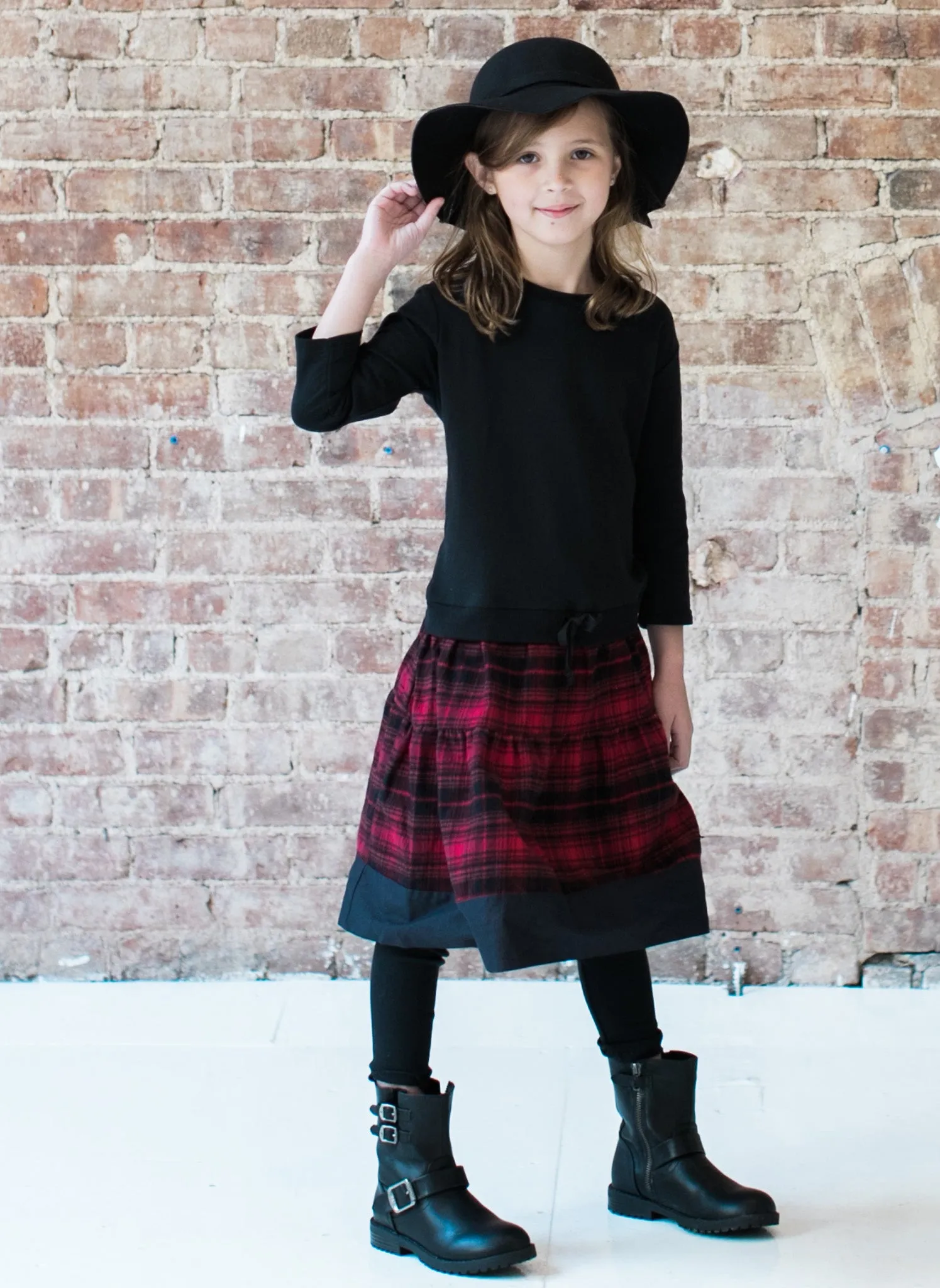 Vierra Rose Mona Sweatshirt Combo Dress in Black/Red Plaid