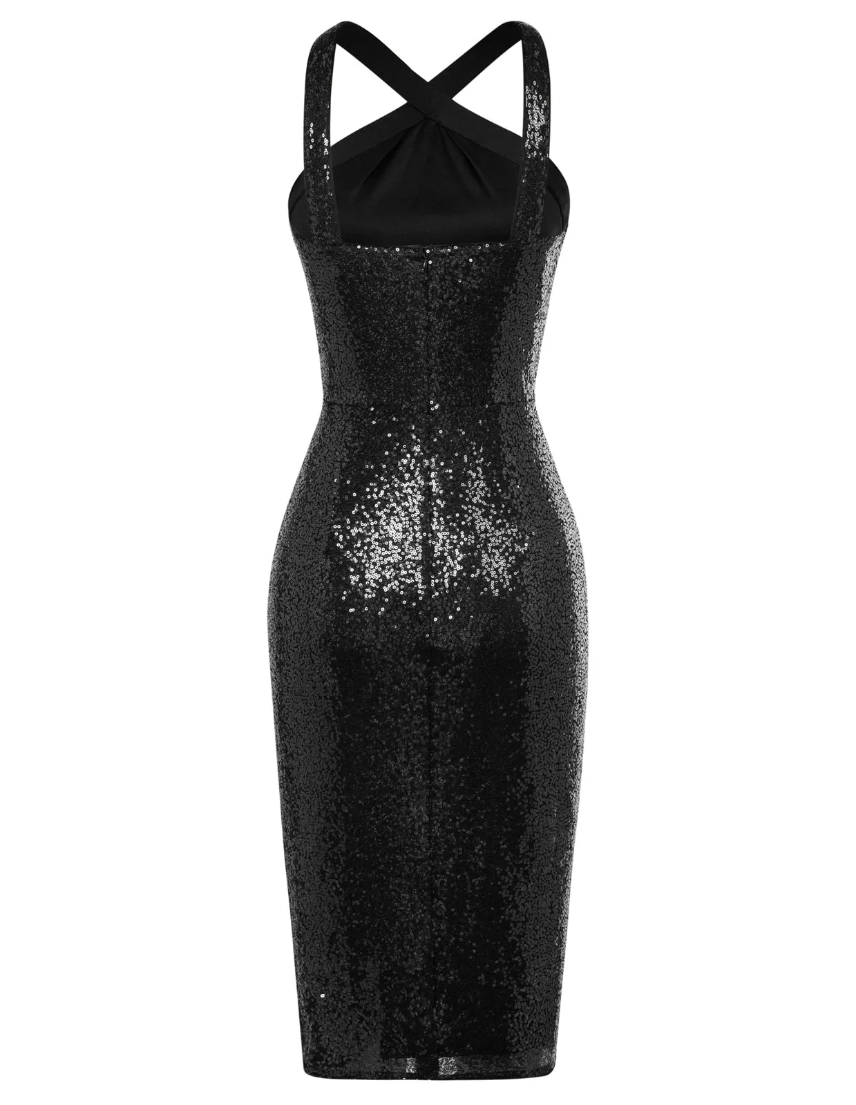 Vintage Sequin Front Slit Dress Cross Over Halterneck Ruched Bodycon Dress