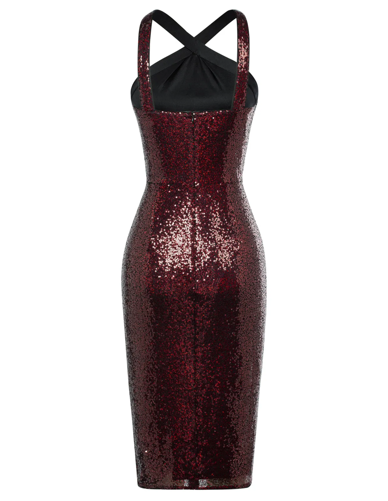 Vintage Sequin Front Slit Dress Cross Over Halterneck Ruched Bodycon Dress