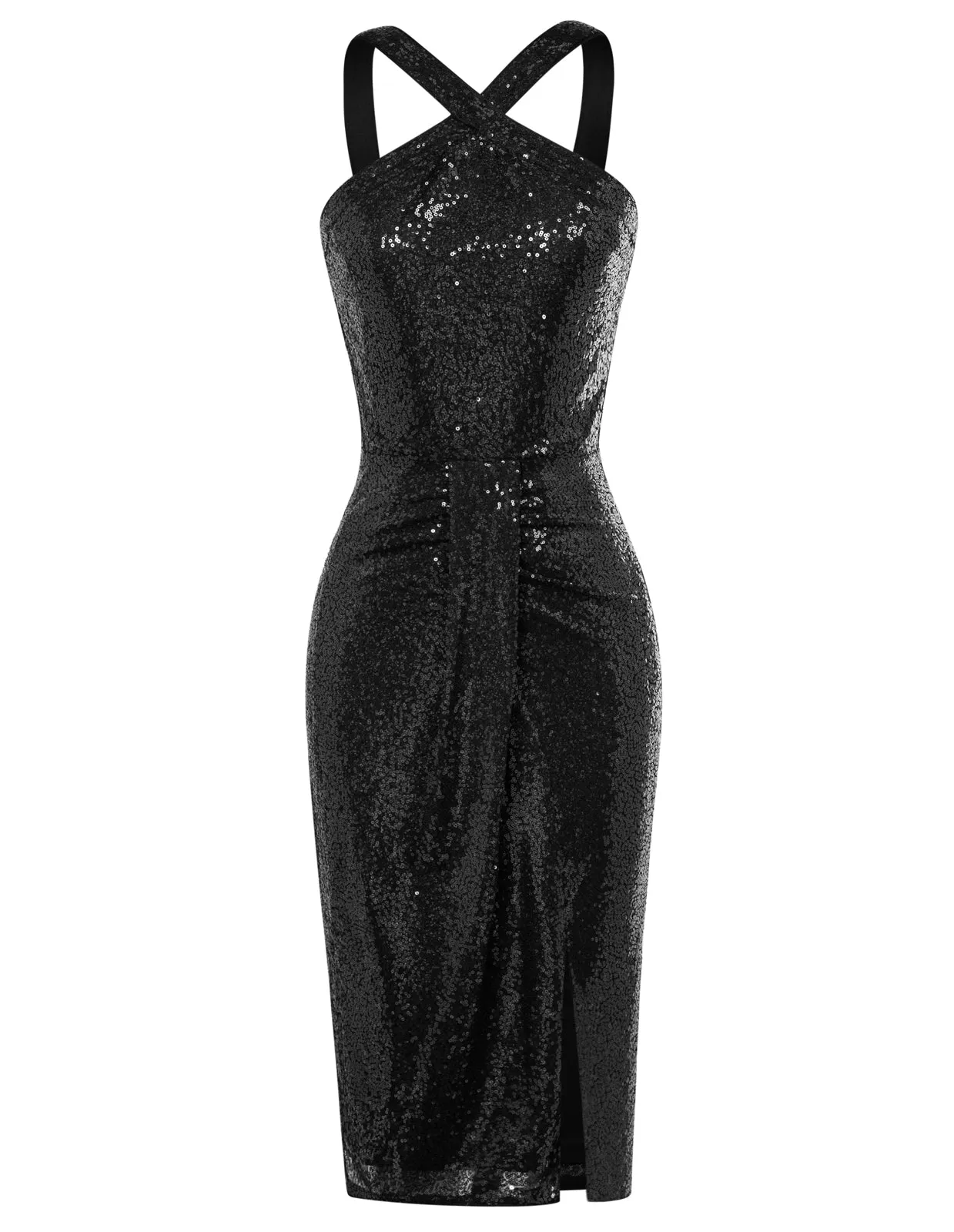 Vintage Sequin Front Slit Dress Cross Over Halterneck Ruched Bodycon Dress