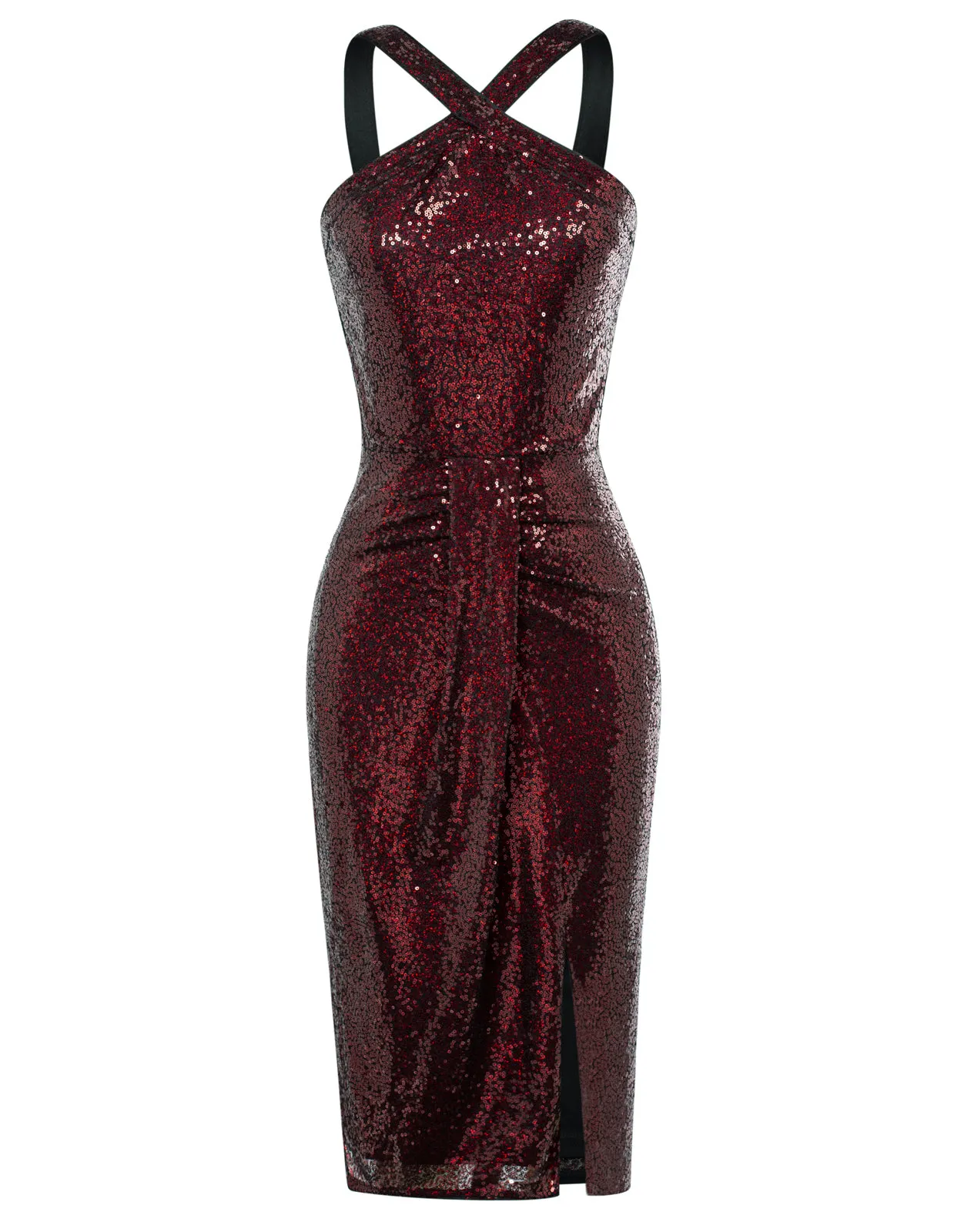 Vintage Sequin Front Slit Dress Cross Over Halterneck Ruched Bodycon Dress