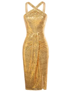 Vintage Sequin Front Slit Dress Cross Over Halterneck Ruched Bodycon Dress