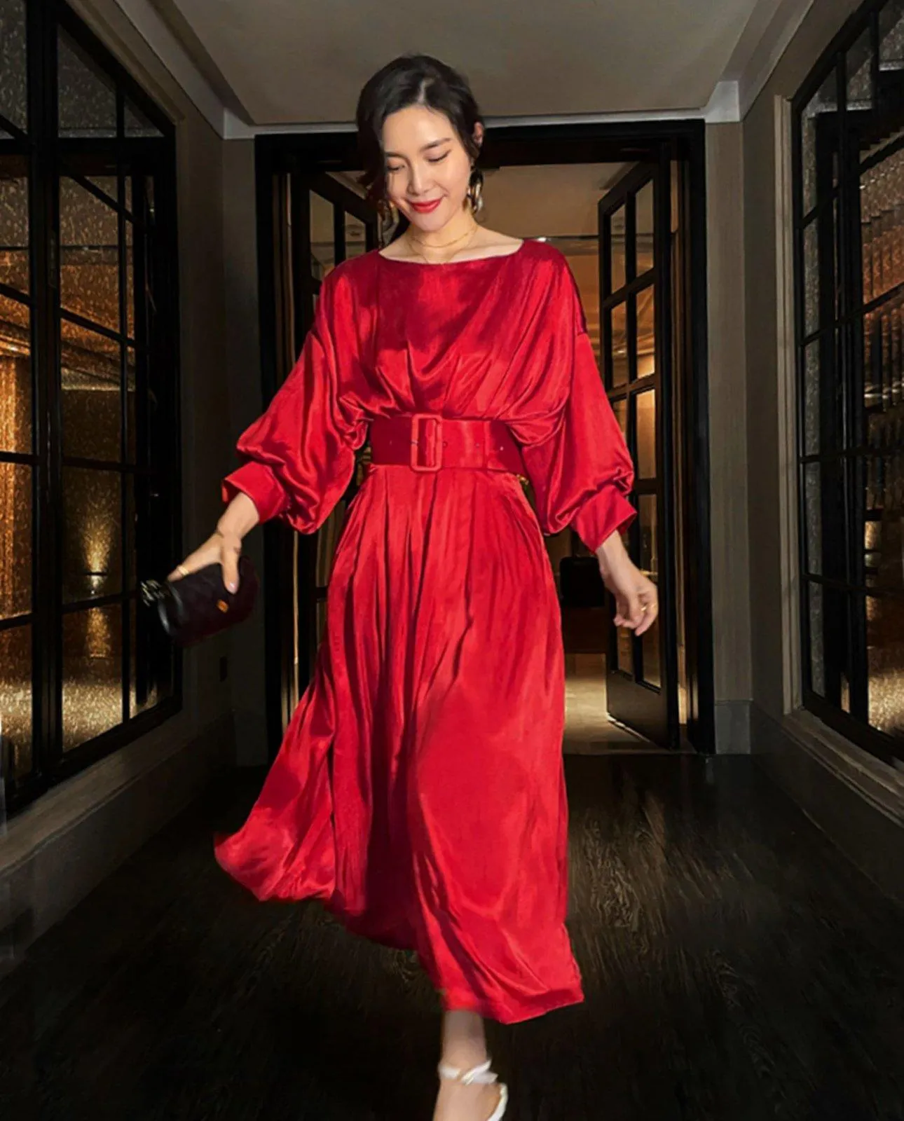 Women Red Satin Pleats Long Midi Formal Gown Dress