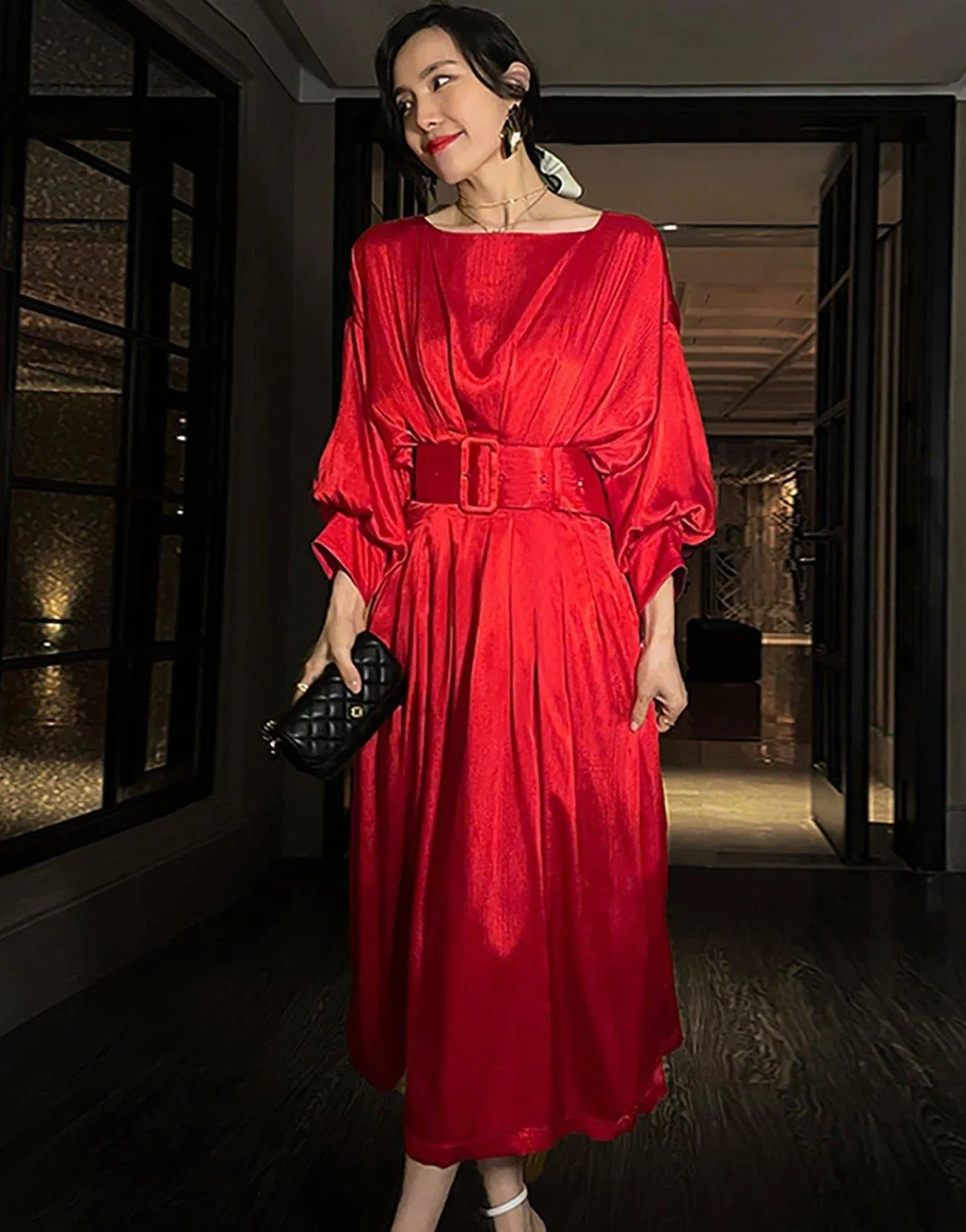 Women Red Satin Pleats Long Midi Formal Gown Dress