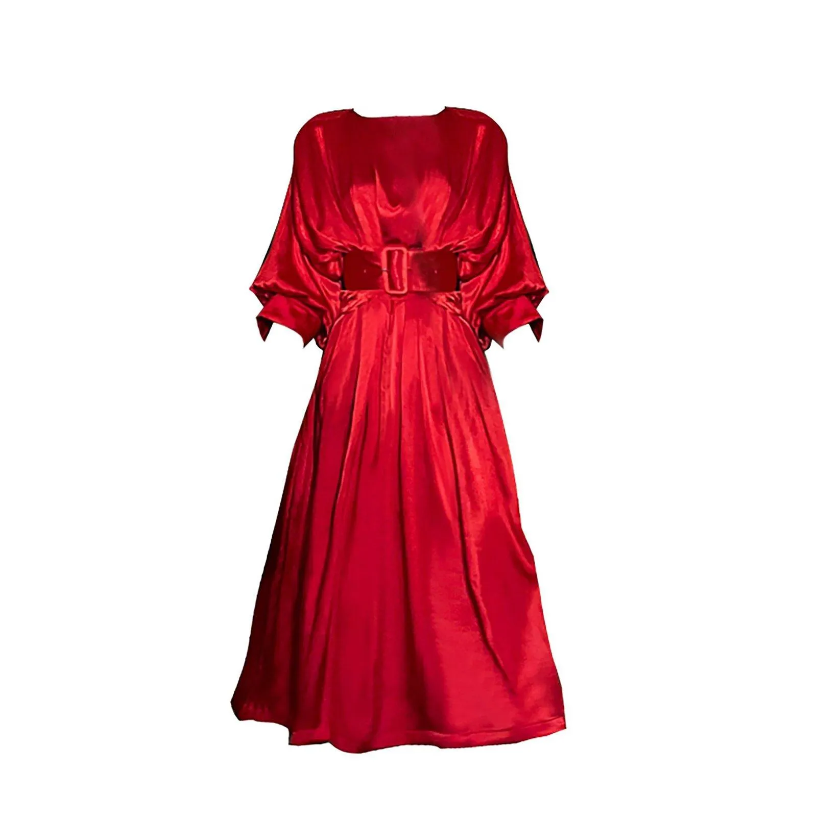 Women Red Satin Pleats Long Midi Formal Gown Dress