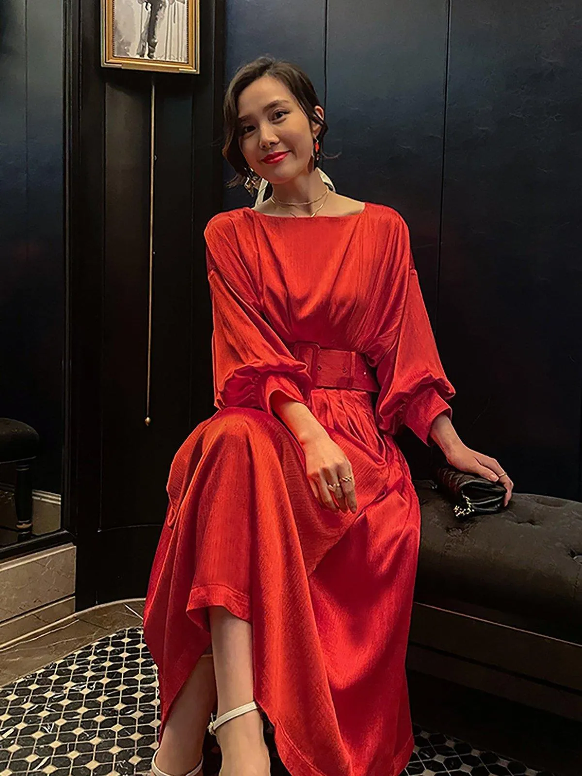 Women Red Satin Pleats Long Midi Formal Gown Dress